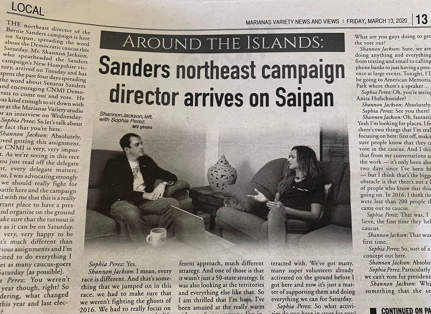 Newspaper showing Sanders campaign guy