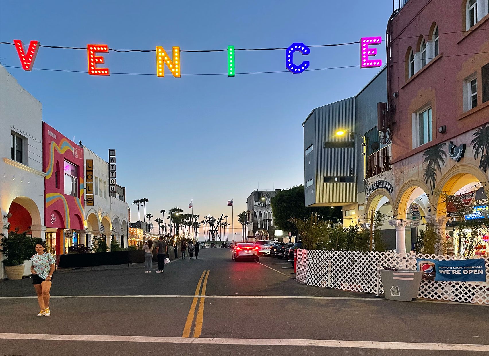 The Venice sign lit up